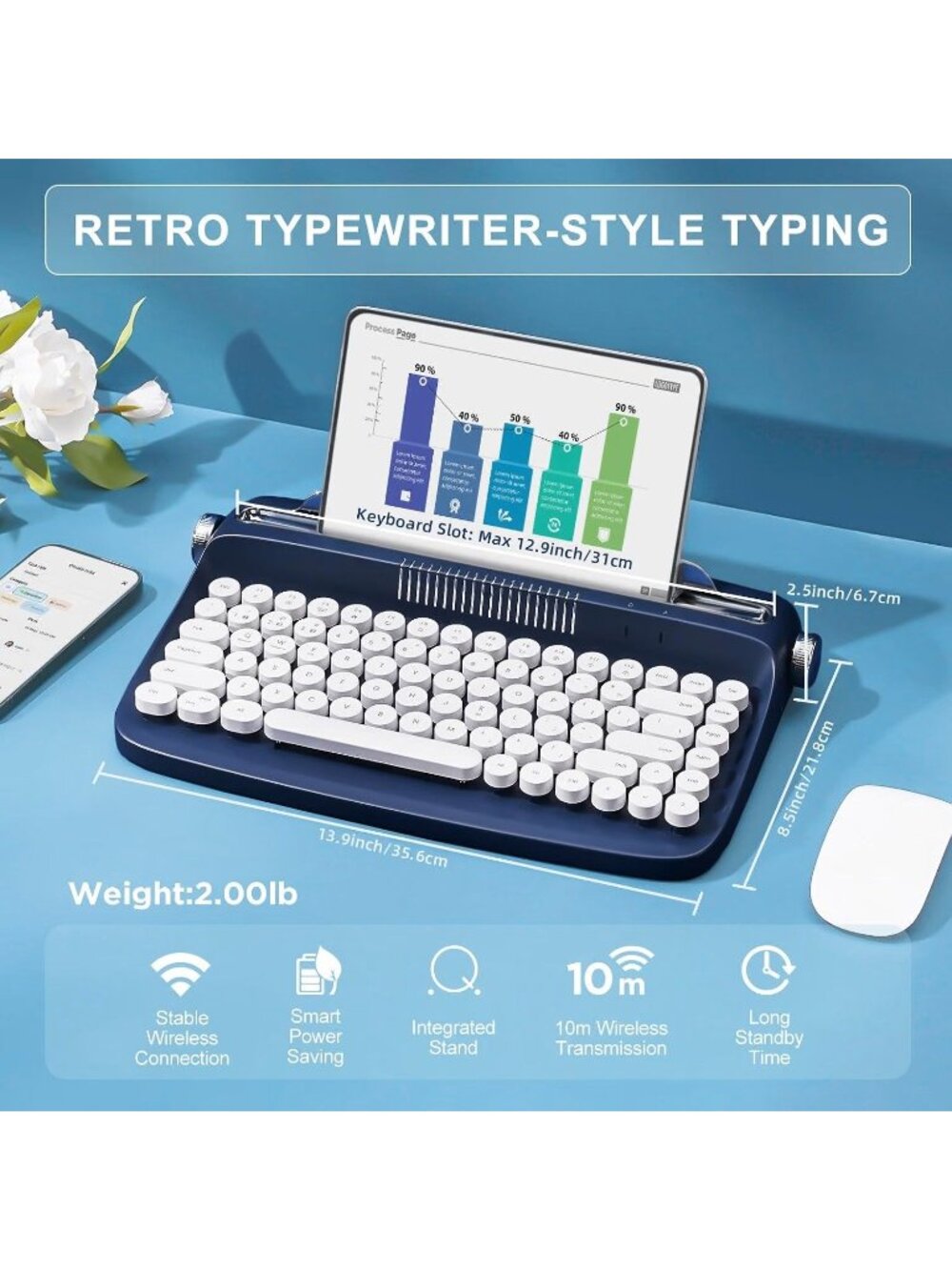 Retro Typewriter Bluetooth Keyboard YUNZII ACTTO B303 Blue NIOB - Picture 2 of 4